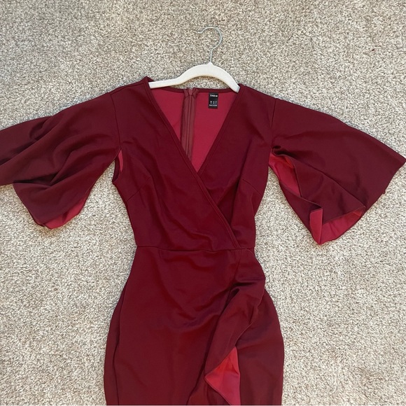 Romwe Semi Formal Wrap Ruffle Trip Maxi Maroon Dress - Picture 3 of 5